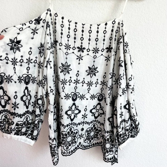 DEVLIN Revolve White Black Floral Embroidered Off Shoulder Top - Picture 6 of 11